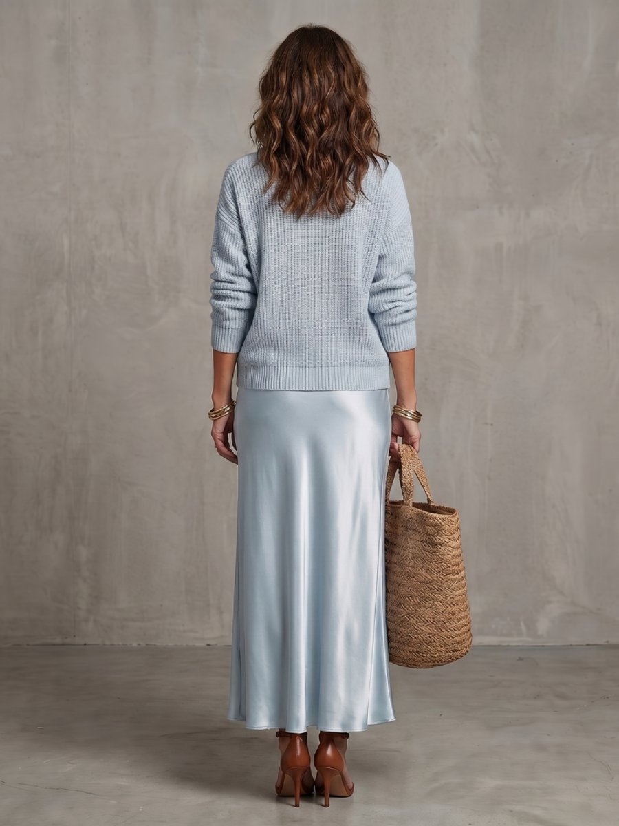Women's Knitted Jumper Satin Midi Skirt Two-Piece Everyday Day Dress Set