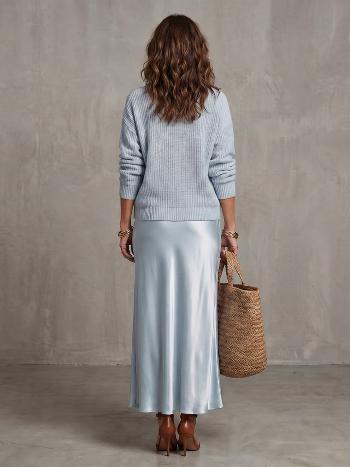 Women's Knitted Jumper Satin Midi Skirt Two-Piece Everyday Day Dress Set