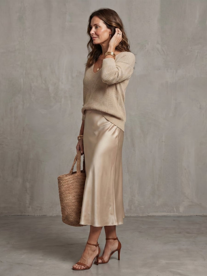 Women's Knitted Jumper Satin Midi Skirt Two-Piece Everyday Day Dress Set