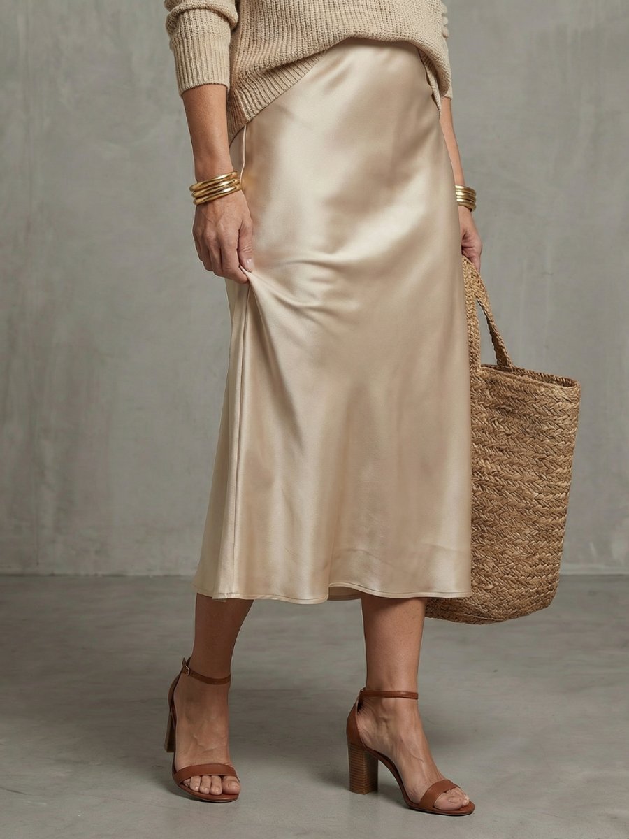 Women's Knitted Jumper Satin Midi Skirt Two-Piece Everyday Day Dress Set