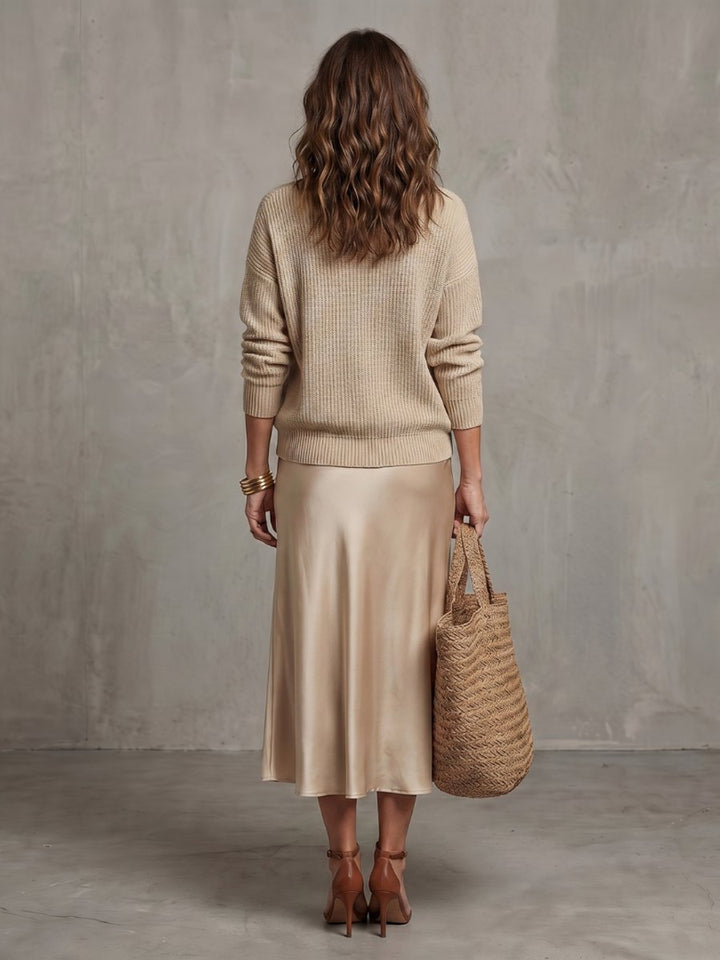 Women's Knitted Jumper Satin Midi Skirt Two-Piece Everyday Day Dress Set
