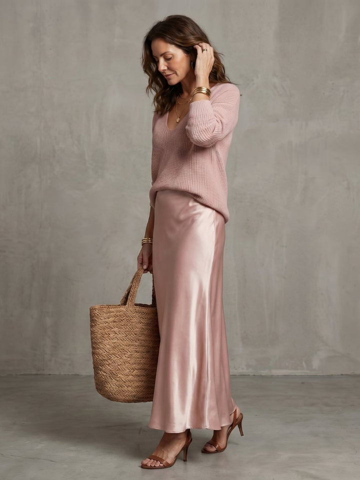 Women's Knitted Jumper Satin Midi Skirt Two-Piece Everyday Day Dress Set