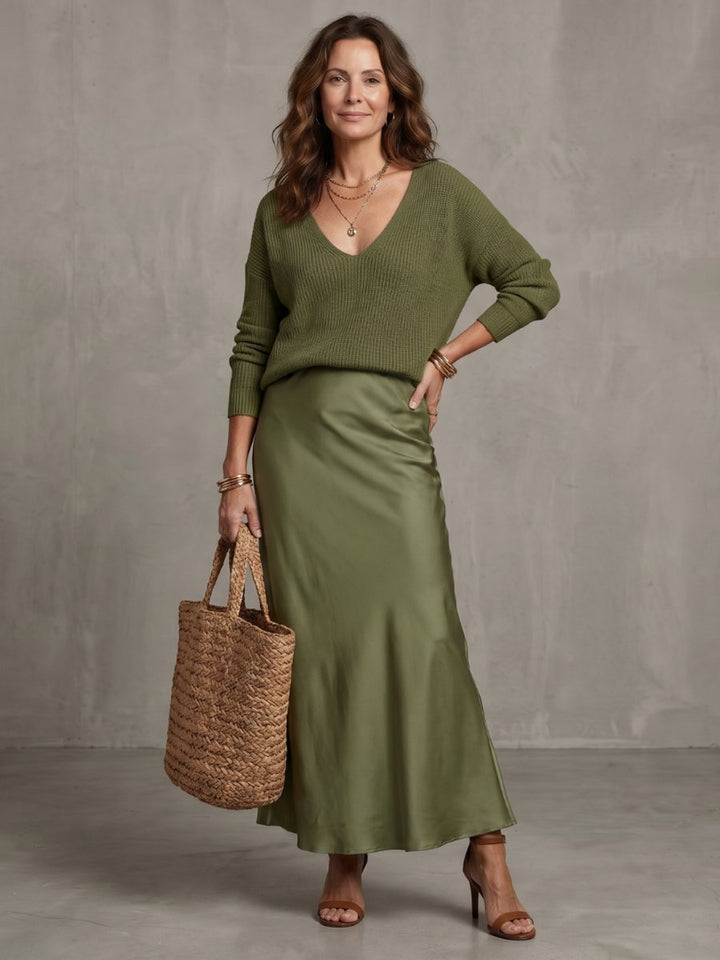 Women's Knitted Jumper Satin Midi Skirt Two-Piece Everyday Day Dress Set