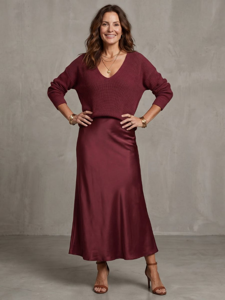 Women's Knitted Jumper Satin Midi Skirt Two-Piece Everyday Day Dress Set