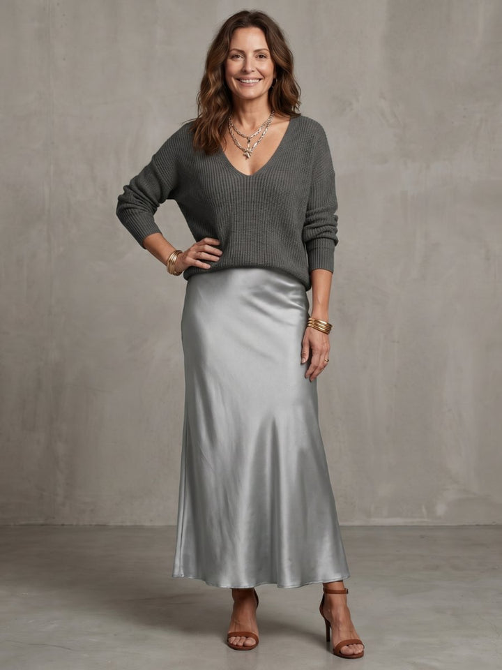 Women's Knitted Jumper Satin Midi Skirt Two-Piece Everyday Day Dress Set