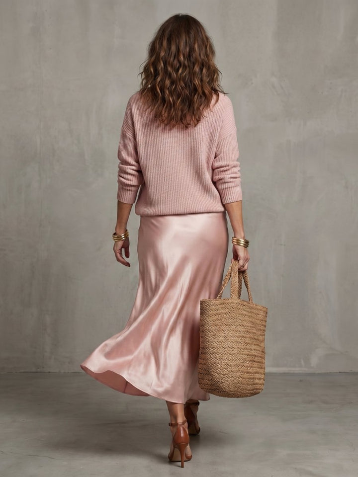 Women's Knitted Jumper Satin Midi Skirt Two-Piece Everyday Day Dress Set