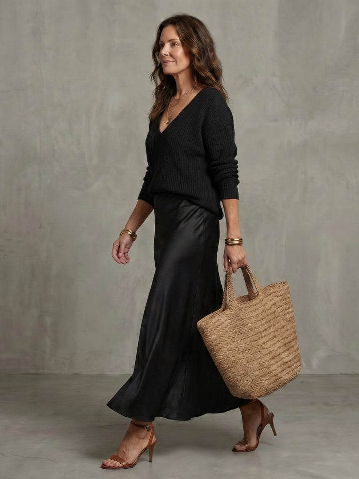 Women's Knitted Jumper Satin Midi Skirt Two-Piece Everyday Day Dress Set