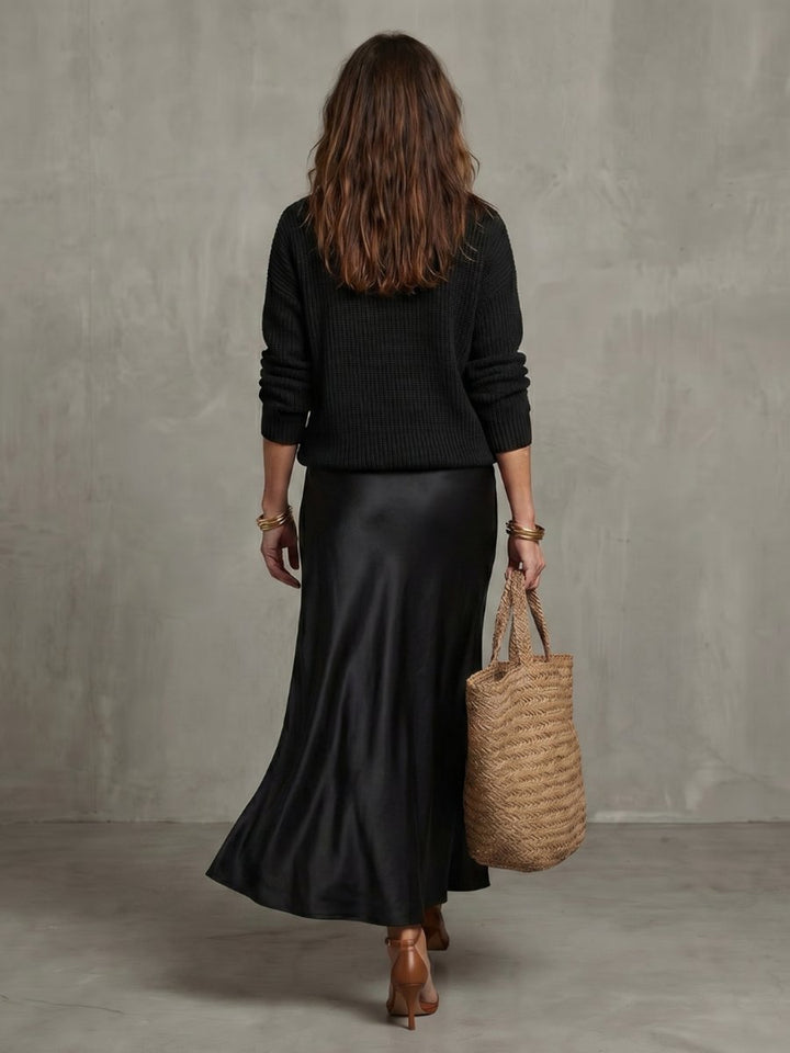 Women's Knitted Jumper Satin Midi Skirt Two-Piece Everyday Day Dress Set
