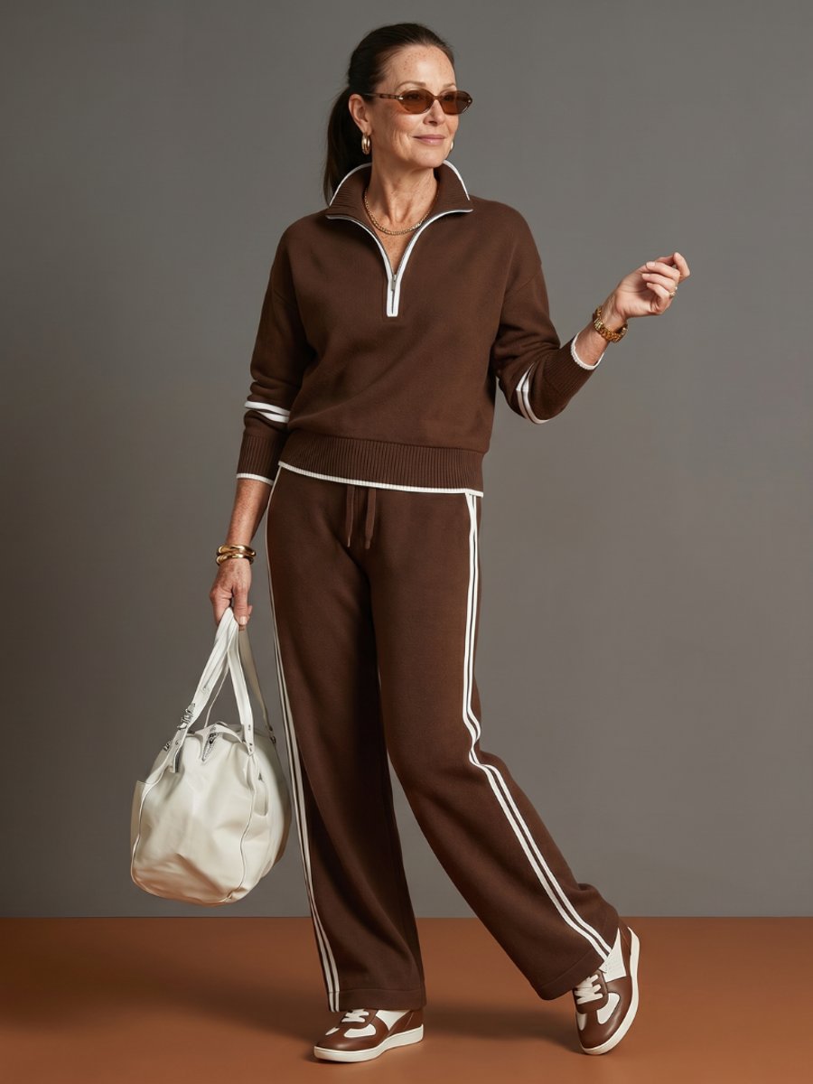 Women's Knitted Quarter-Zip Wide-Leg Stripe Loungewear Set