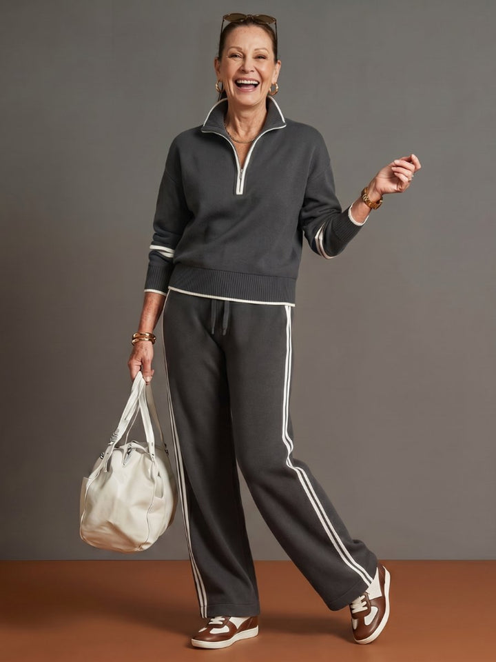 Women's Knitted Quarter-Zip Wide-Leg Stripe Loungewear Set