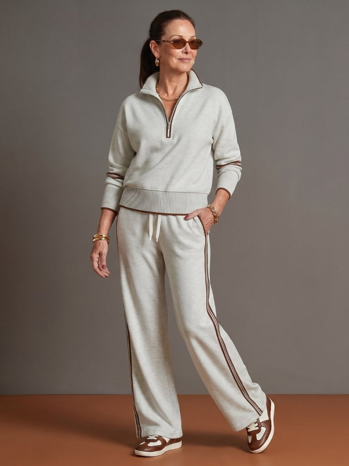 Women's Knitted Quarter-Zip Wide-Leg Stripe Loungewear Set