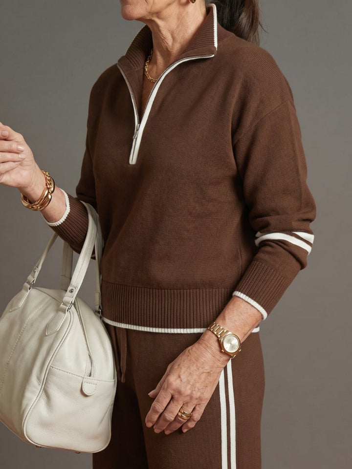 Women's Knitted Quarter-Zip Wide-Leg Stripe Loungewear Set
