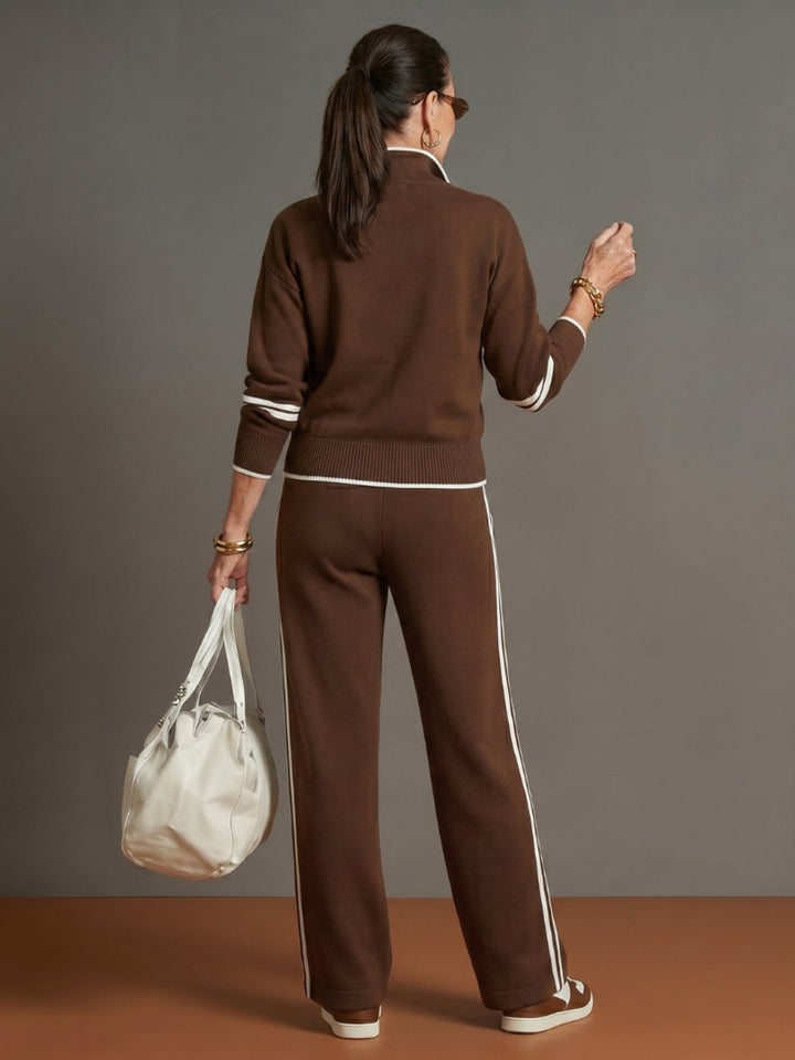 Women's Knitted Quarter-Zip Wide-Leg Stripe Loungewear Set