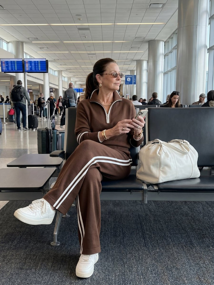 Women's Knitted Quarter-Zip Wide-Leg Stripe Loungewear Set