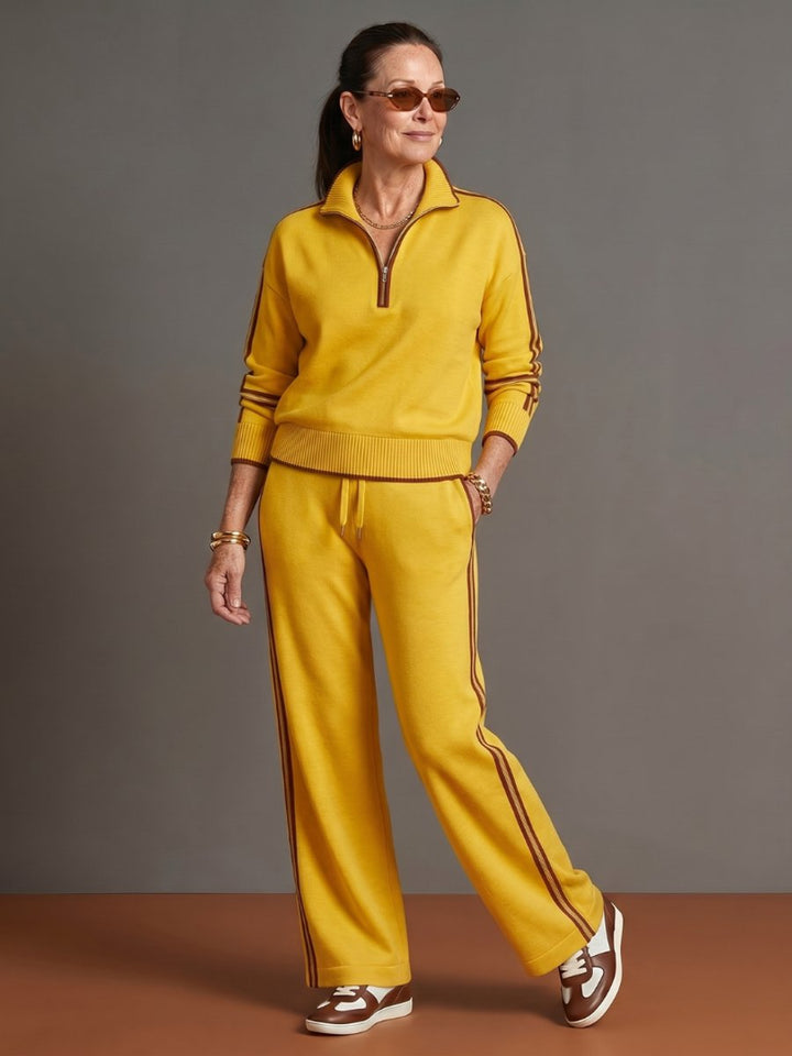 Women's Knitted Quarter-Zip Wide-Leg Stripe Loungewear Set