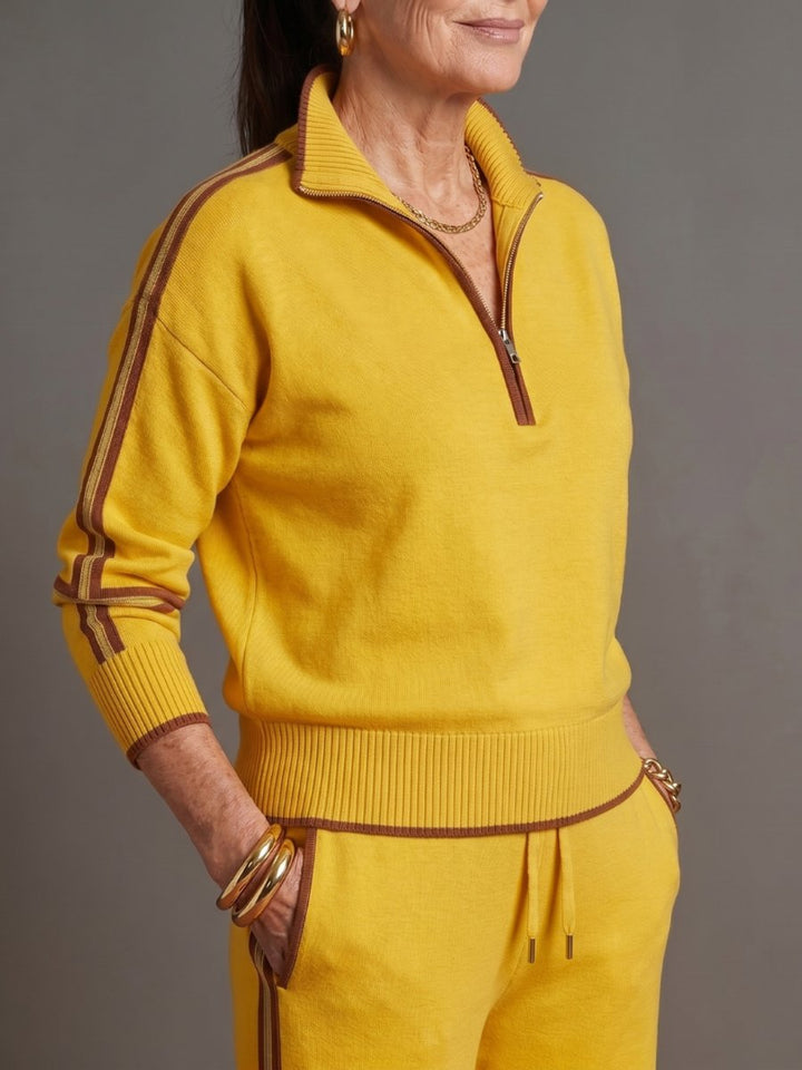 Women's Knitted Quarter-Zip Wide-Leg Stripe Loungewear Set