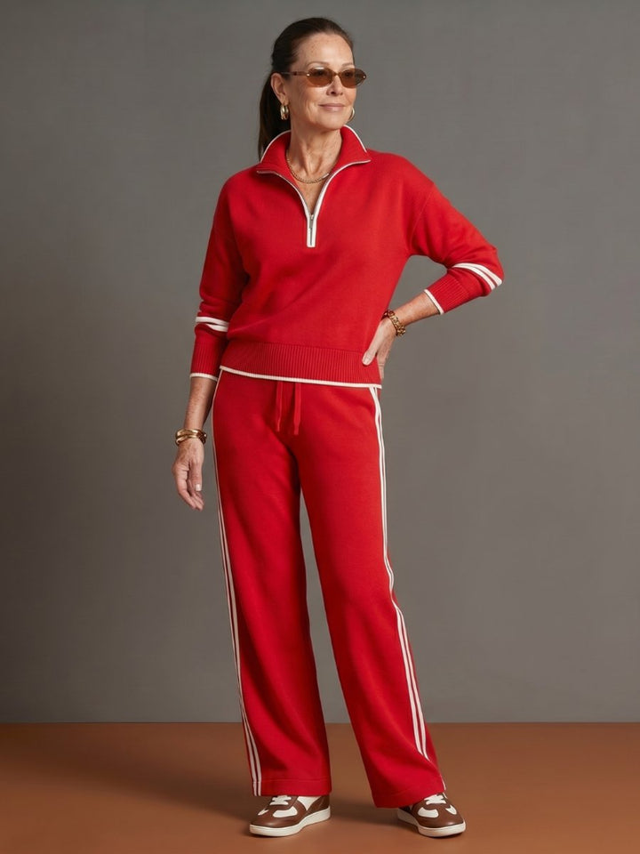 Women's Knitted Quarter-Zip Wide-Leg Stripe Loungewear Set