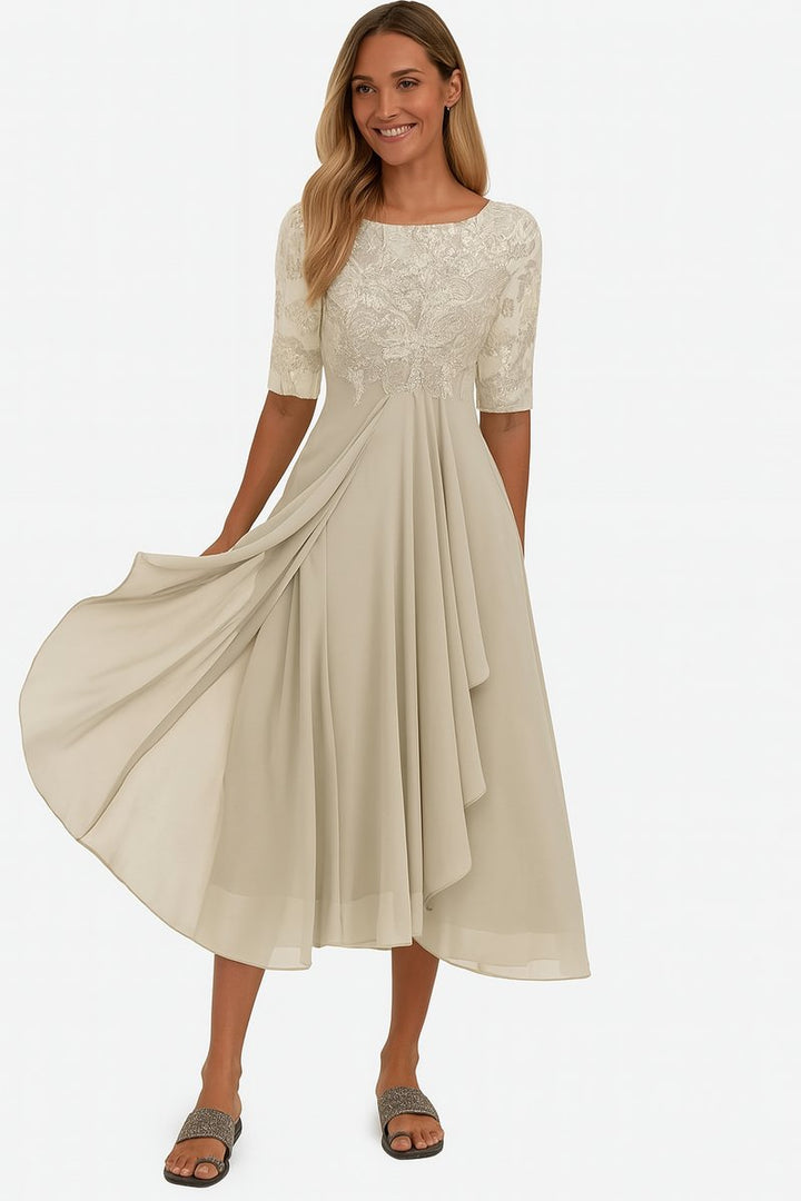 Women's Lace Bodice Chiffon Midi Party Dress Flowing A-Line