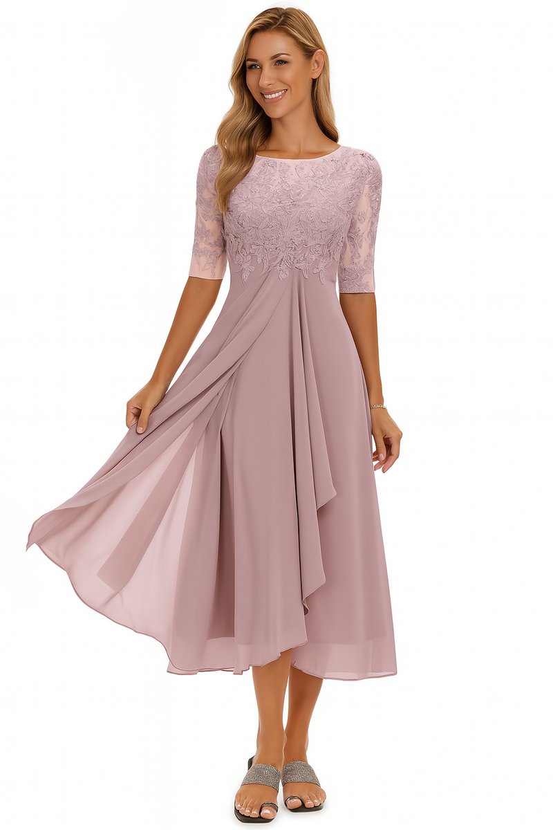 Women's Lace Bodice Chiffon Midi Party Dress Flowing A-Line