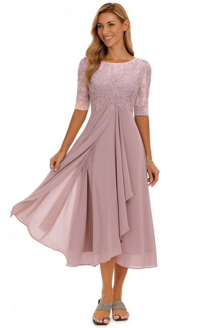 Women's Lace Bodice Chiffon Midi Party Dress Flowing A-Line