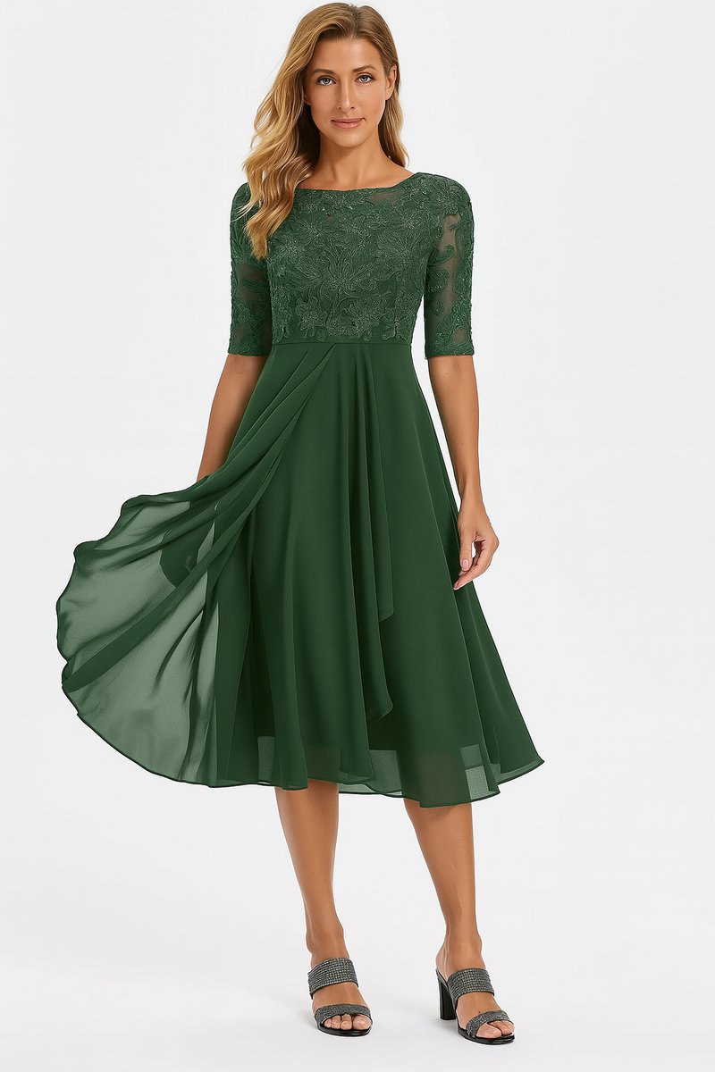 Women's Lace Bodice Chiffon Midi Party Dress Flowing A-Line