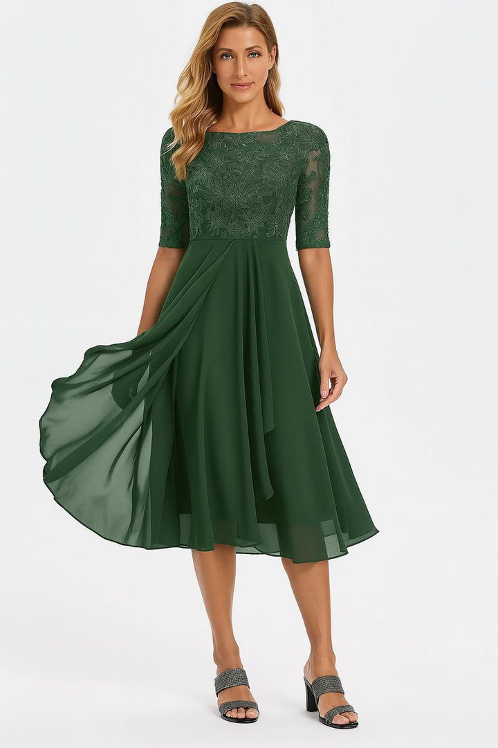 Women's Lace Bodice Chiffon Midi Party Dress Flowing A-Line