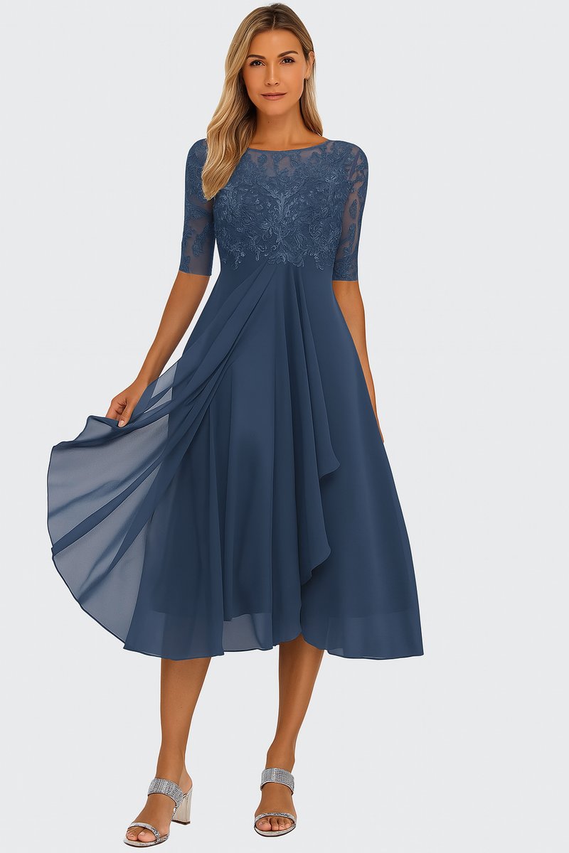 Women's Lace Bodice Chiffon Midi Party Dress Flowing A-Line