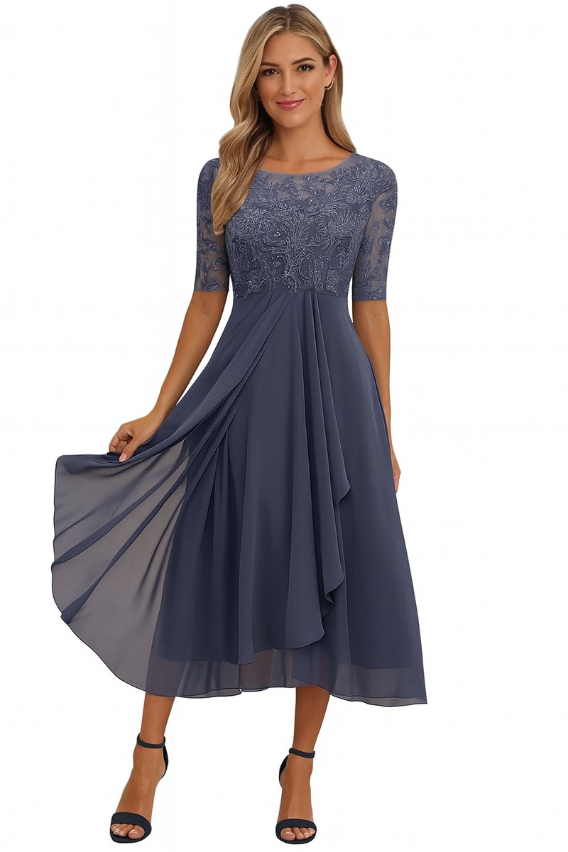 Women's Lace Bodice Chiffon Midi Party Dress Flowing A-Line