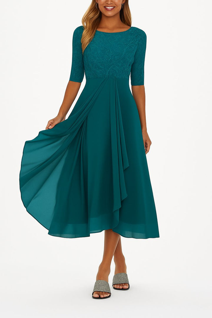 Women's Lace Bodice Chiffon Midi Party Dress Flowing A-Line