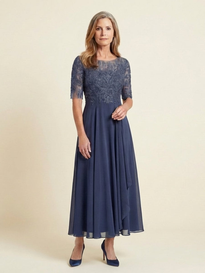 Women's Lace Bodice Midi Christmas Party Dress Sheer Sleeve