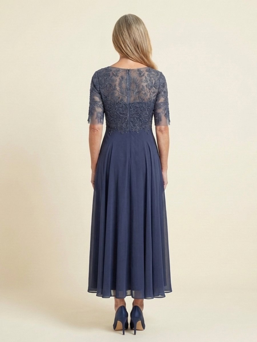 Women's Lace Bodice Midi Christmas Party Dress Sheer Sleeve