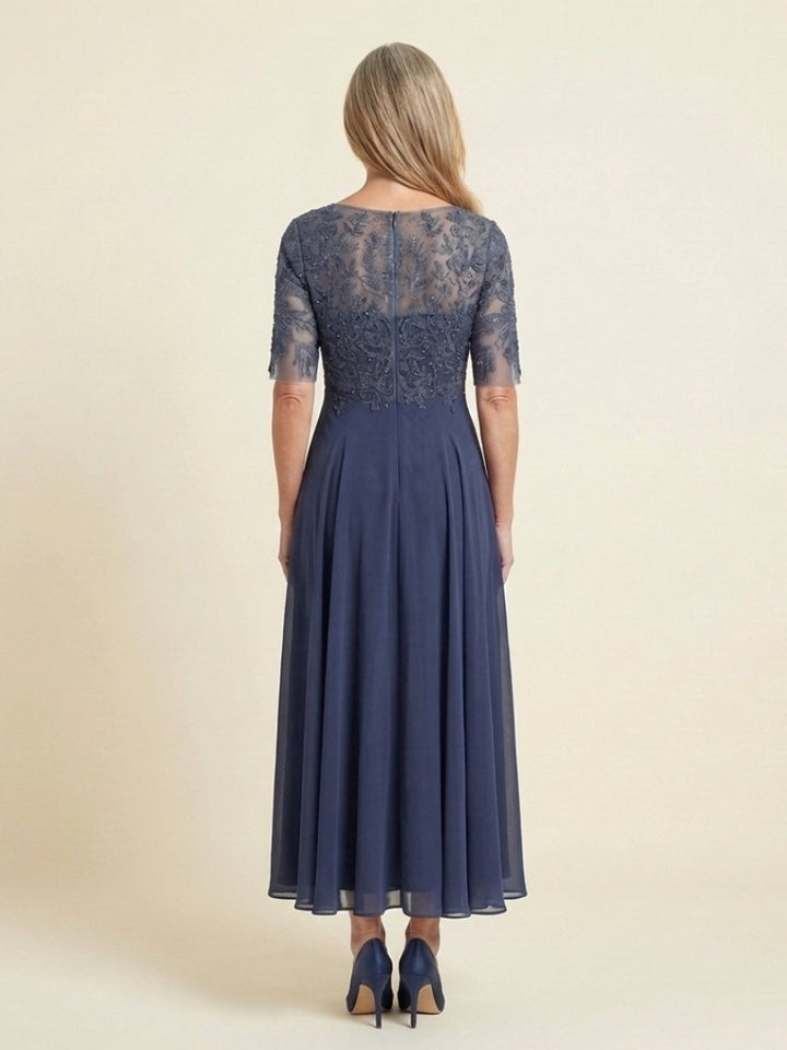 Women's Lace Bodice Midi Christmas Party Dress Sheer Sleeve