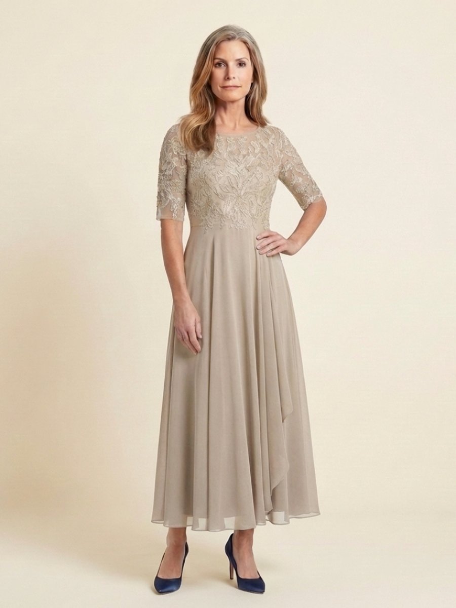 Women's Lace Bodice Midi Christmas Party Dress Sheer Sleeve
