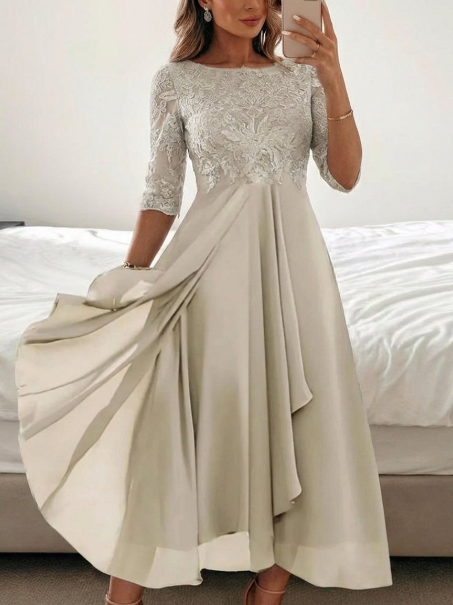 Women's Lace Bodice Midi Christmas Party Dress Sheer Sleeve