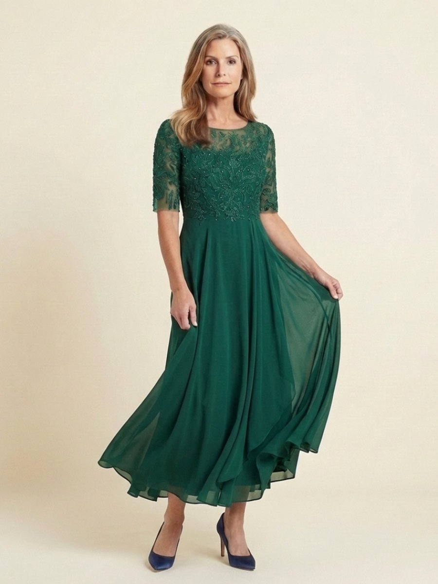 Women's Lace Bodice Midi Christmas Party Dress Sheer Sleeve