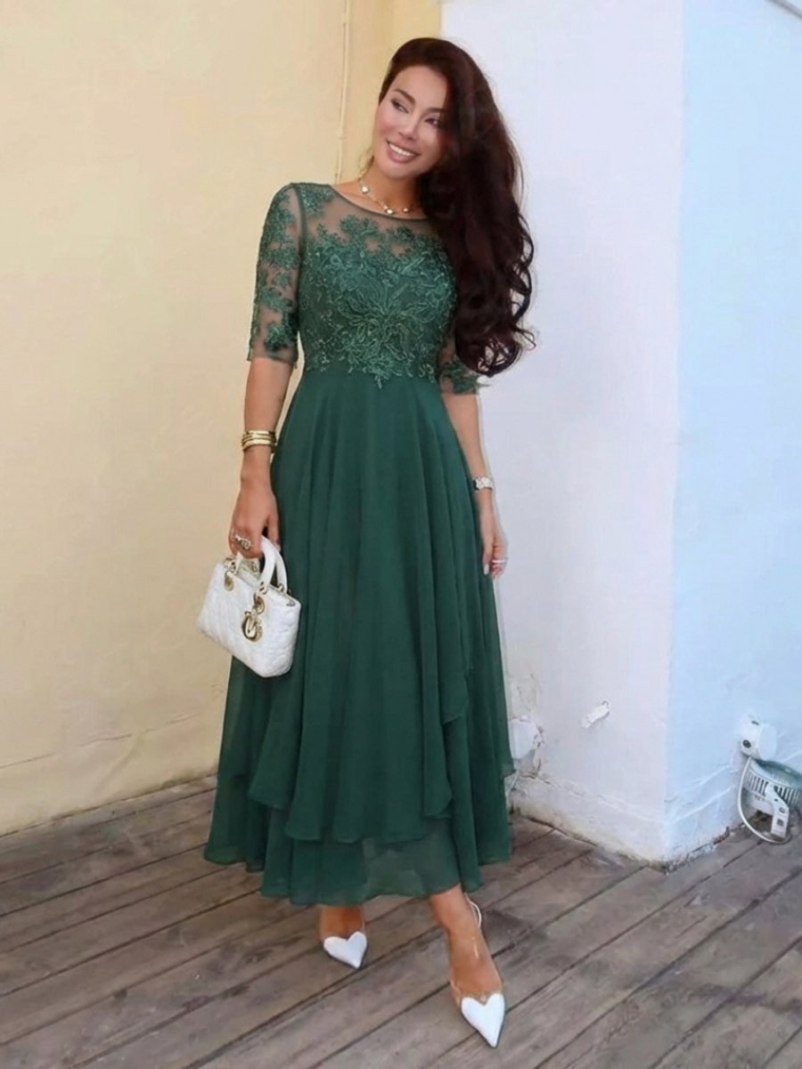 Women's Lace Bodice Midi Christmas Party Dress Sheer Sleeve