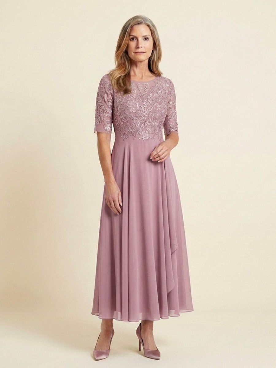 Women's Lace Bodice Midi Christmas Party Dress Sheer Sleeve