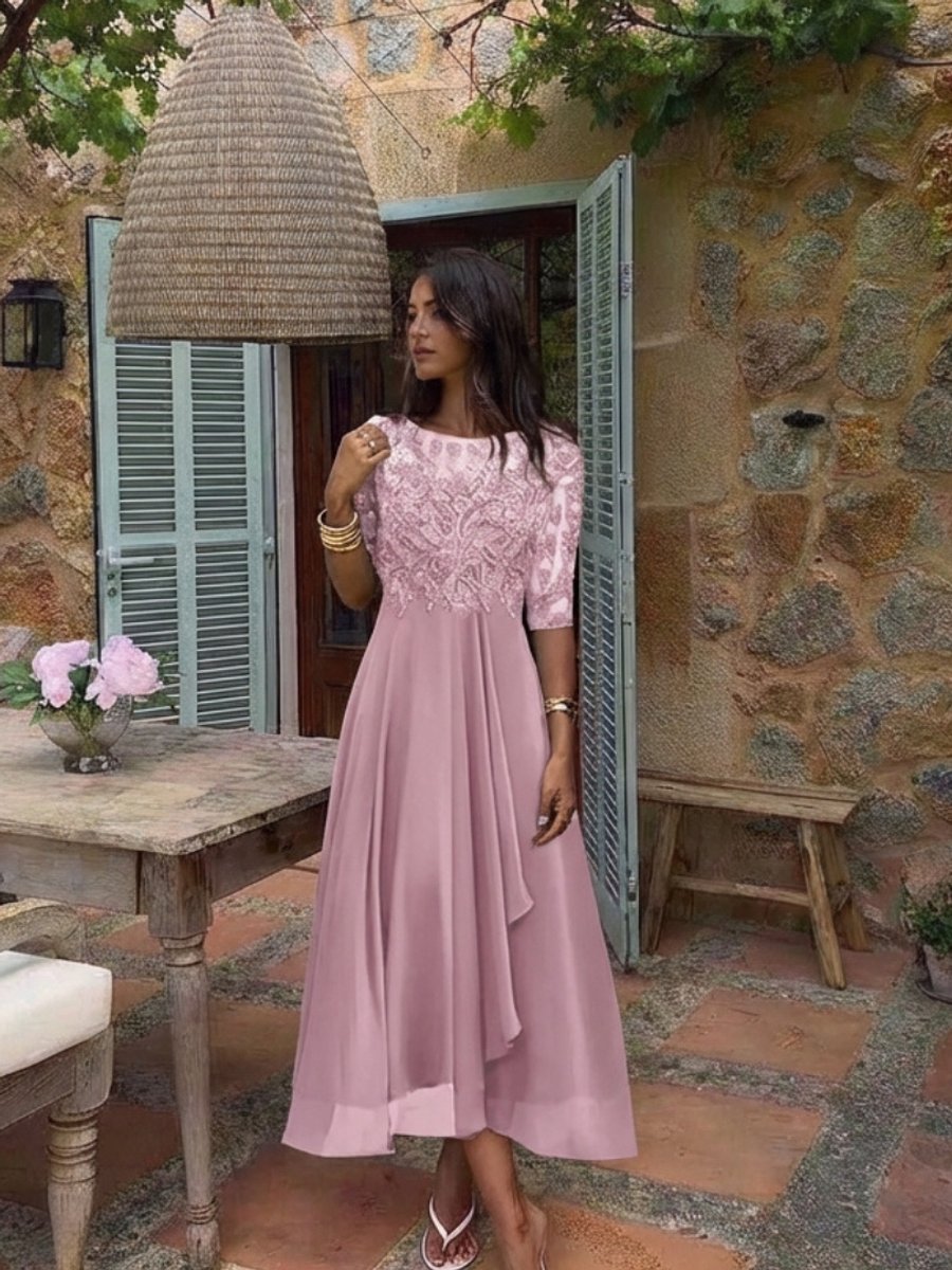 Women's Lace Bodice Midi Christmas Party Dress Sheer Sleeve