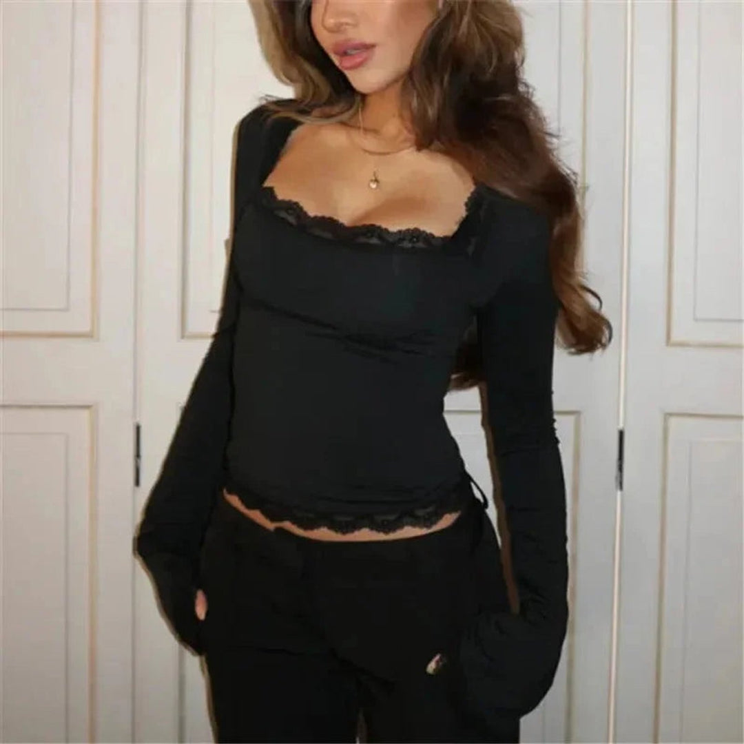 Women's Lace-Trim Square-Neck Long-Sleeve Crop Top