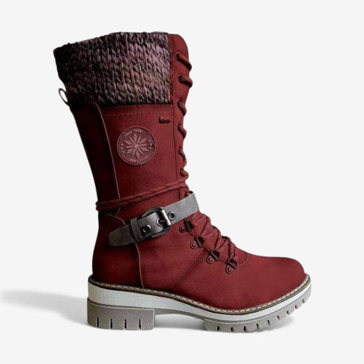 Women's Lace-Up Knee-High Boots Knit Cuff PU Leather