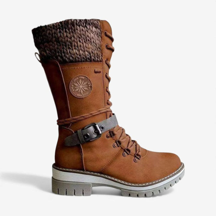 Women's Lace-Up Knee-High Boots Knit Cuff PU Leather