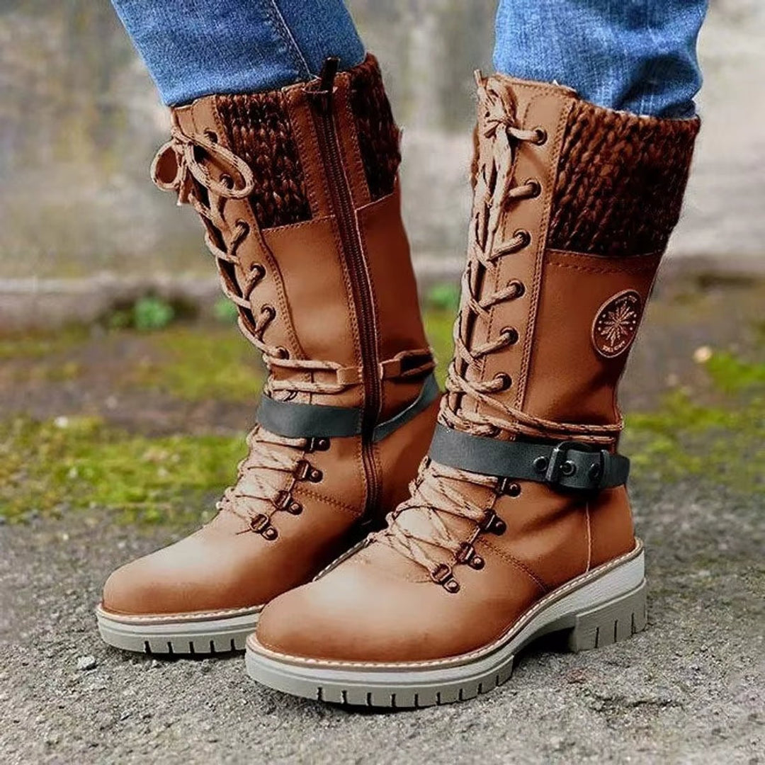 Women's Lace-Up Knee-High Boots Knit Cuff PU Leather
