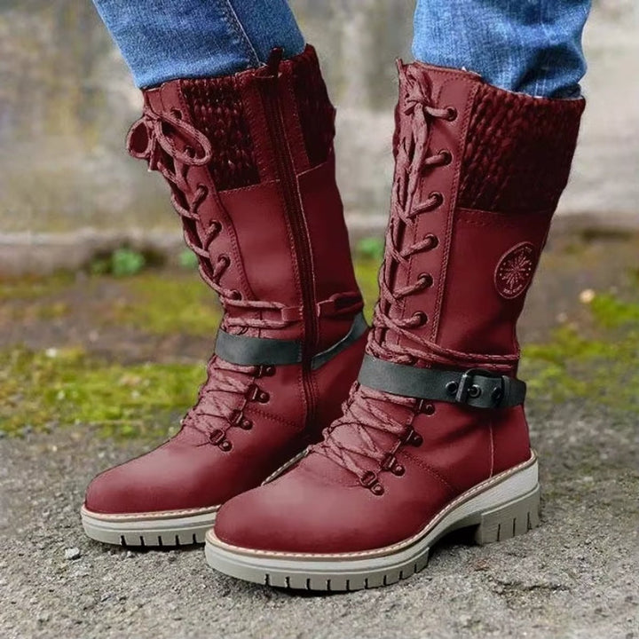 Women's Lace-Up Knee-High Boots Knit Cuff PU Leather