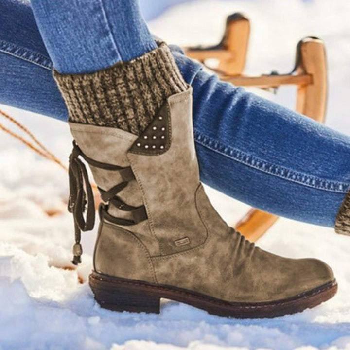 Women's Lace-Up Knit-Cuff Suede Ankle Boots - Brown
