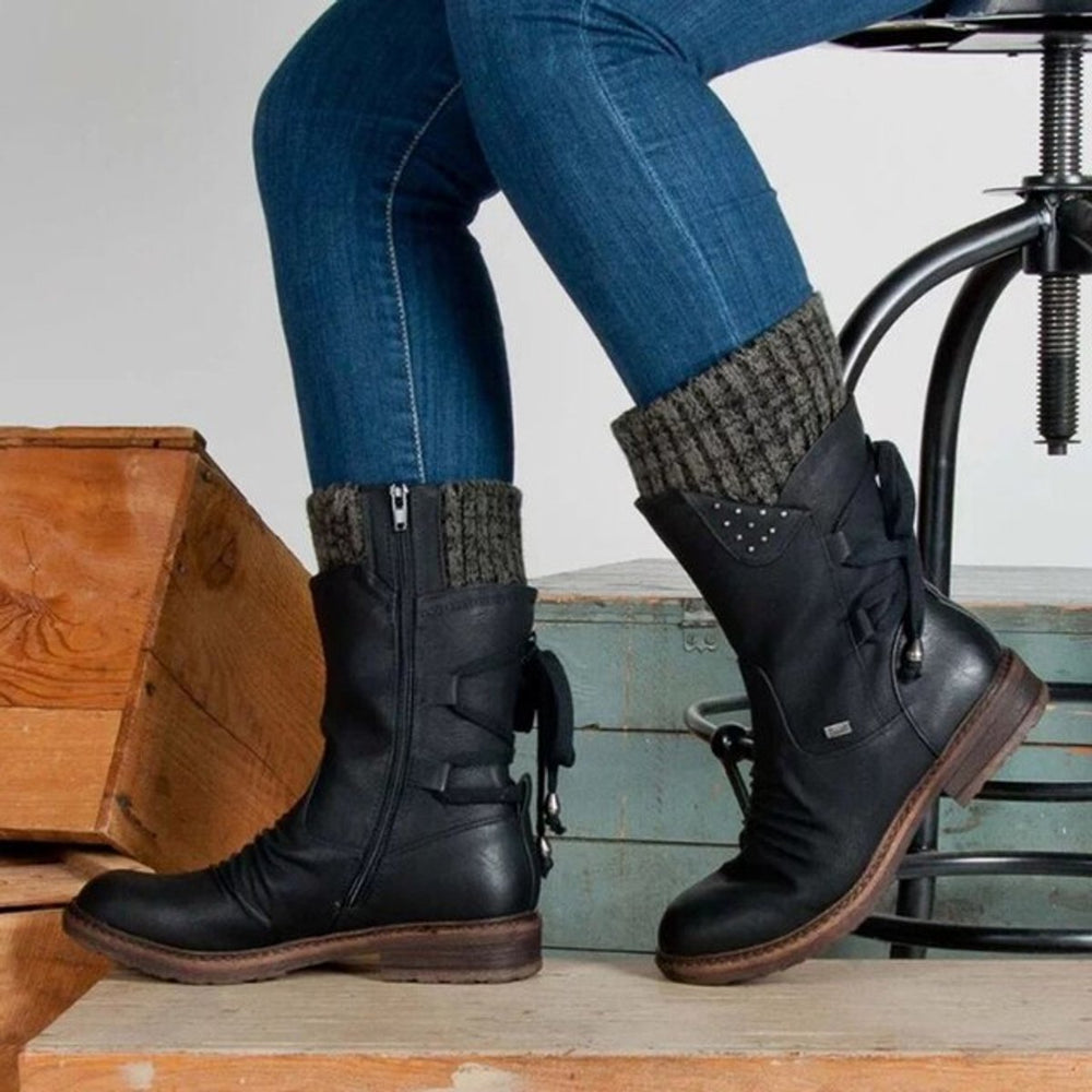 Women's Lace-Up Knit-Cuff Suede Ankle Boots - Black