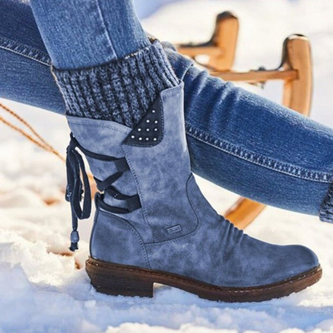Women's Lace-Up Knit-Cuff Suede Ankle Boots - Blue