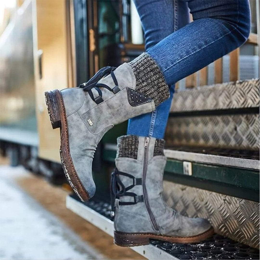 Women's Lace-Up Knit-Cuff Suede Ankle Boots - Grey