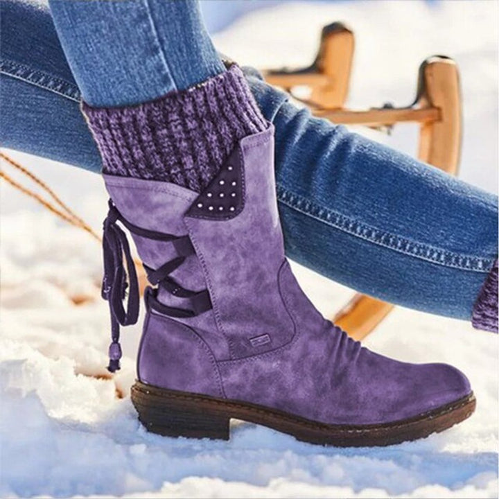Women's Lace-Up Knit-Cuff Suede Ankle Boots - Purple