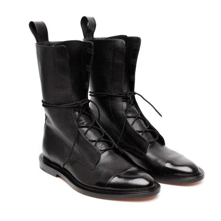 Women's Lace-Up Leather Ankle Boots Vintage Combat Style - Black