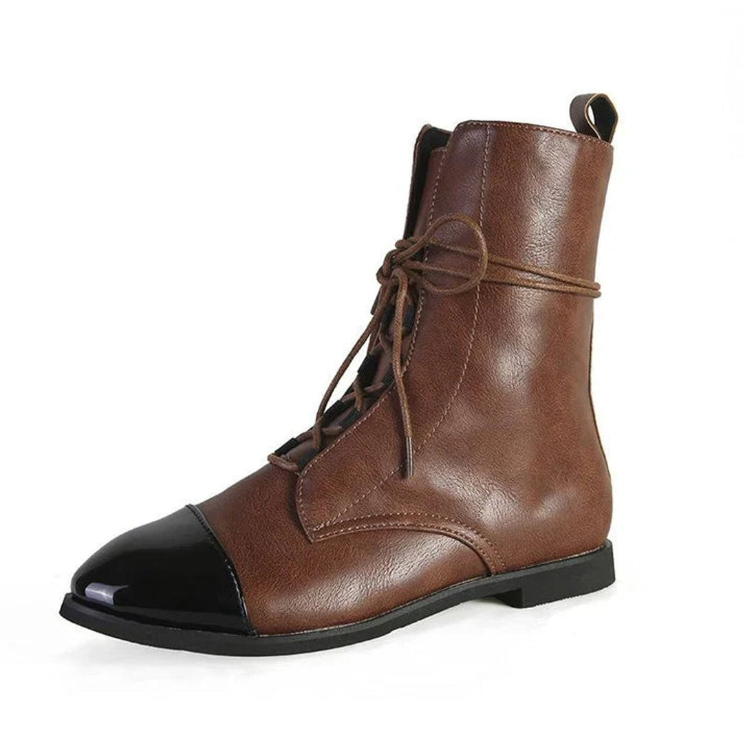 Women's Lace-Up Leather Ankle Boots Vintage Combat Style - Brown